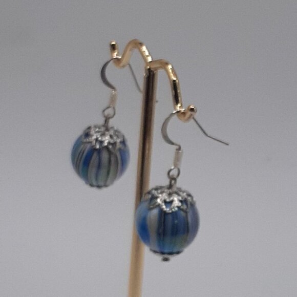 Pierced Earrings Blue Striped Art Glass Bead Dangle Silver Cap Fishhook - Picture 5 of 5